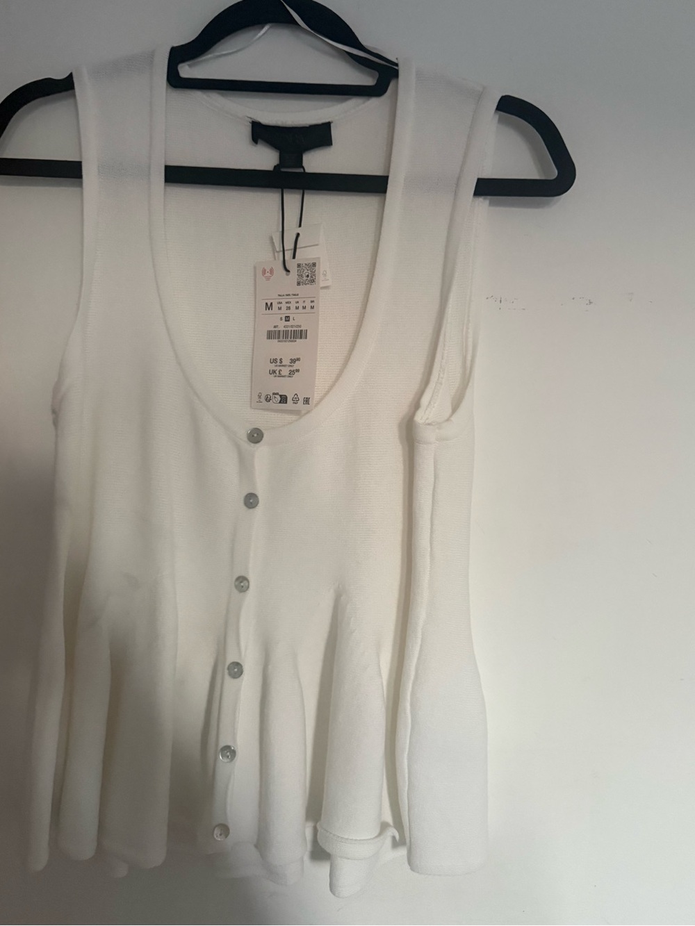 Zara White Sleeveless Button-Front Peplum Camisole size M NWT